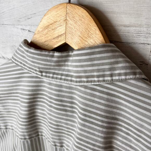 Chicos Top Womens Size 2/L Taupe & White Striped Button Down Bell Sleeves - Picture 12 of 16